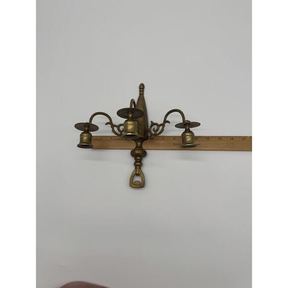 Solid Brass Triple Arm Candle Holders Wall Sconce CM On Back MCM - Picture 5 of 7